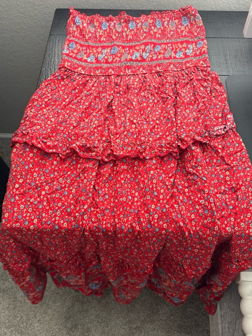 Strapless Red Floral Tiered Maxi Dress - Women's